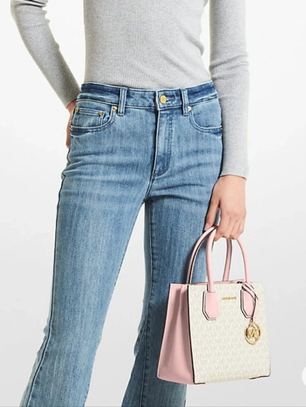 Like new Michael Kors Pink and White Logo Satchel with Gold Accents